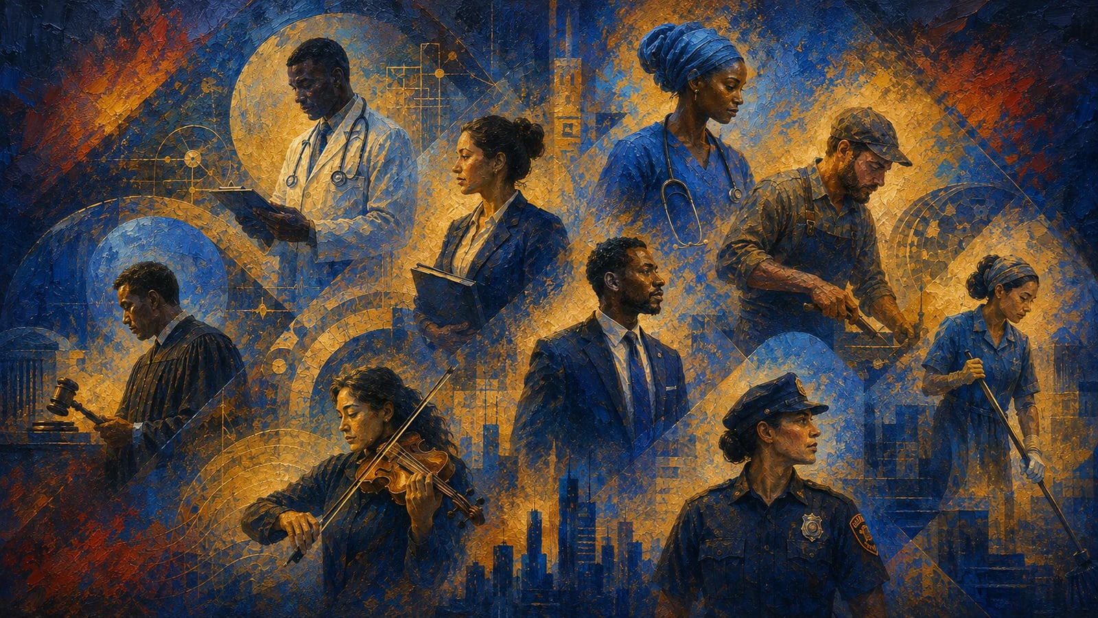 Abstract blue and gold artwork of Pentecost workers across healthcare, law, business, security, sanitation, and the arts